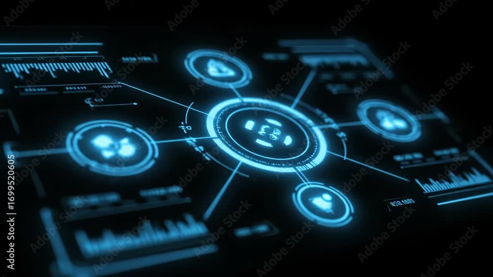 Poster Futuristic digital hud interface with glowing blue elements and data displays on dark background showcasing advanced technology cyber security network connection and digital data charts design