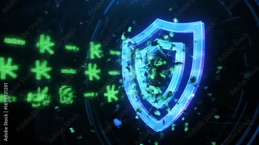 Poster futuristic digital shield glowing blue with green hacker code symbols deflected showcasing cybersecu