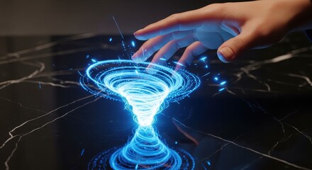 Hand Touching Holographic Tornado - Futuristic Technology Concept