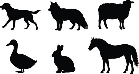 Farm animal silhouettes vector, dog, fox, sheep, duck, rabbit, horse, black and white illustration, domestic animals, nature, rural life