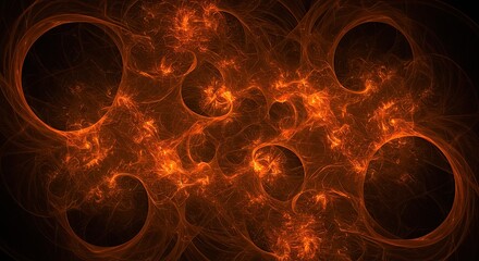 Swirling Orange Fractal with Orbs on Black Background Abstract