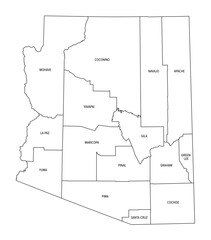 State of Arizona, divided into 15 counties, outline map. Landlocked state, in the Southwestern region of the United States, nicknamed Grand Canyon State. Map with county borders and names. Vector