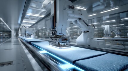 Automated manufacturing line with robotic arms, conveyor belt, and components