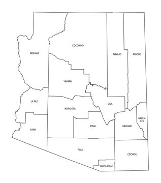 State of Arizona, divided into 15 counties, outline map. Landlocked state, in the Southwestern region of the United States, nicknamed Grand Canyon State. Map with county borders and names. Vector