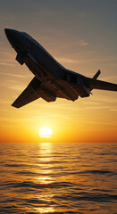 Fighter Jet Takes Flight into a Fiery Sunset Sky Above the Ocean