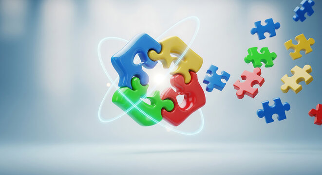 A creative illustration depicts a 3d puzzle concept symbolizing teamwork, collaboration, and problem solving.