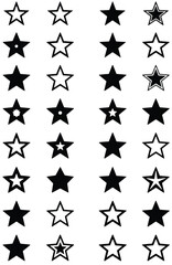 Displays twentyeight fivepointed star drawings in various black and white designs.
