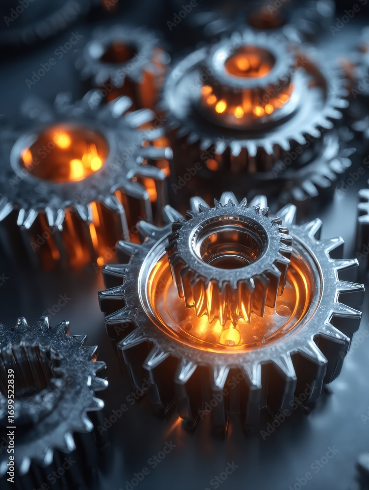 Poster intricate metallic gears glowing with warm orange light in a dark setting showcasing craftsmanship a