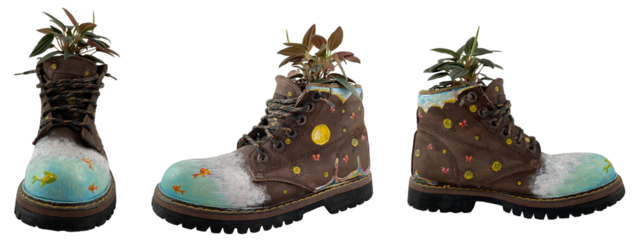 Different views of a brown leather boot decorated with colorful hand painted flowers, fish and butterflies used as a creative plant pot with green leaves growing inside, artistic recycled design. 