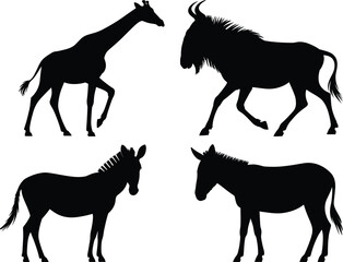 Wild animal silhouettes vector, giraffe, wildebeest, zebra, donkey, black and white illustration, safari wildlife, nature, jungle animals, graphic design