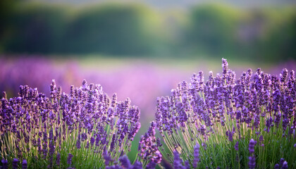 Obraz premium Close up of vibrant purple lavender flowers in a field with soft green bokeh background
