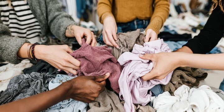 Authentic Young Adults Participating in Circular Fashion Clothing Swap Premium Sustainable Lifestyle Content for Education and Social Media Campaigns