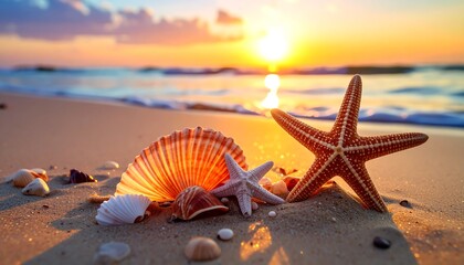 Seashells at sunset on shore