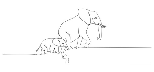 Minimalist one line drawing of two elephants, an adult and a baby, walking near the edge of a cliff or elevated ground. The illustration highlights wildlife, protection