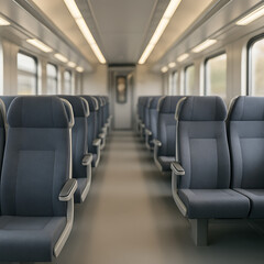 Interior View of a Modern Train Car with Rows of Blue Seats, Clean and Empty, Ready for Commuters