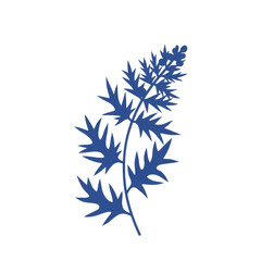 Obraz premium Stylized blue leafy plant with serrated edges and budding flower top isolated on white background
