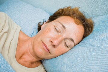 Peaceful Middle-Aged Woman Sleeping Calmly on Side Premium Quality Rest and Menopause Wellness for Lifestyle Marketing and Digital Health Campaigns