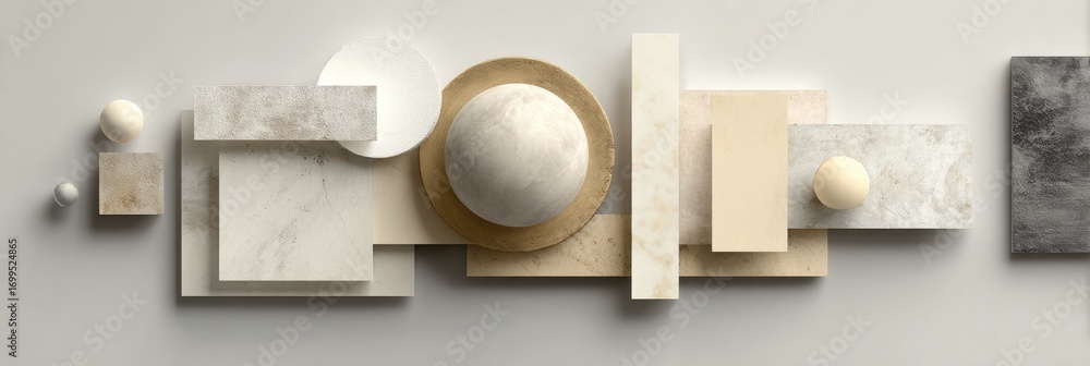 Poster abstract arrangement of geometric shapes in neutral tones displayed on a smooth surface