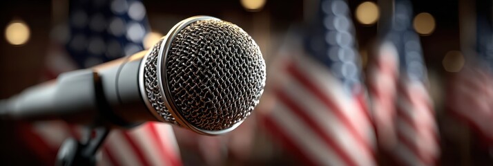 Microphone standing in front of American flags at a political event showcasing public speaking and engagement