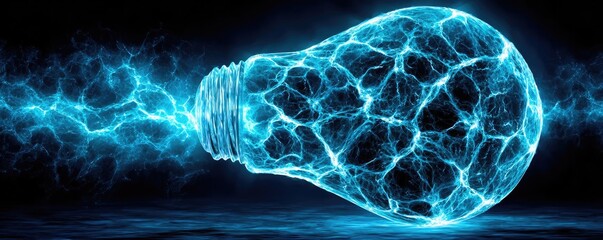 Creative light bulb explodes with colorful paint concept. An electric light bulb illuminating with vibrant blue energy.