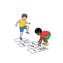 Diverse children joyfully playing hopscotch outdoors, promoting active play, childhood fun, and inclusive recreational activities for educational and developmental resources.