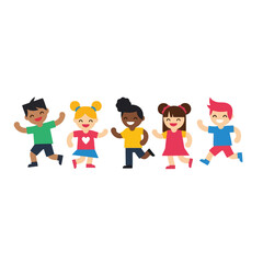 Diverse group of cheerful children joyfully running and playing together, ideal for educational materials, children's books, and promoting inclusivity.