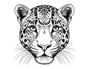 Detailed monochrome vector drawing of a jaguar head on a white backdrop