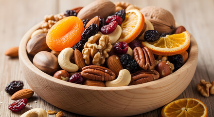 Healthy mix of nuts, dried fruits and orange slices in a wooden bowl for snacking