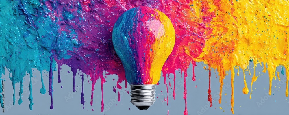 Poster creative light bulb explodes with colorful paint concept. a colorful light bulb splashed with vibran