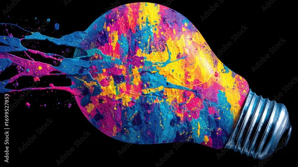 Poster creative light bulb explodes with colorful paint concept. a colorful burst of paint from a light bul