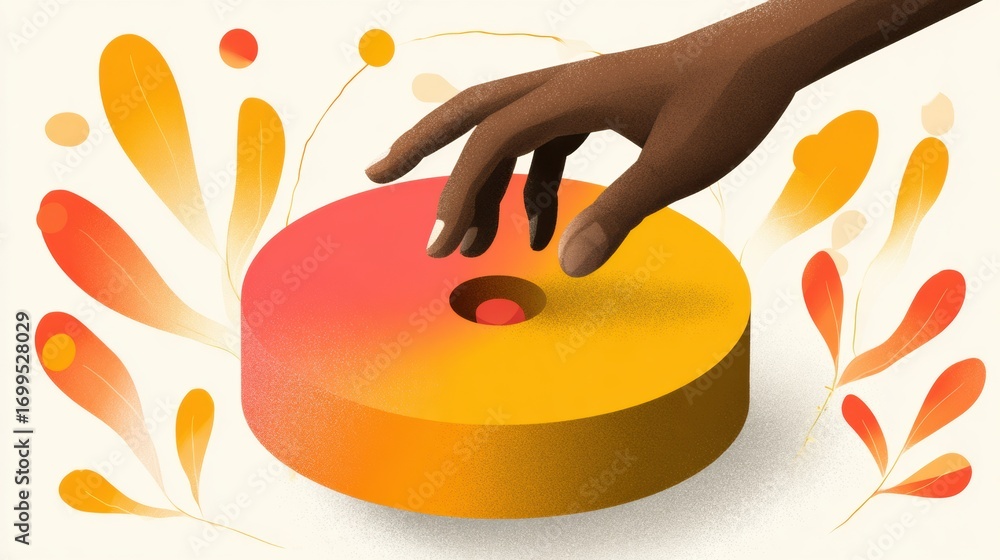 Aufkleber Hand Reaching for Circular Object With Vibrant Colors and Abstract Shapes Surrounding It in a Creative and Artistic Style