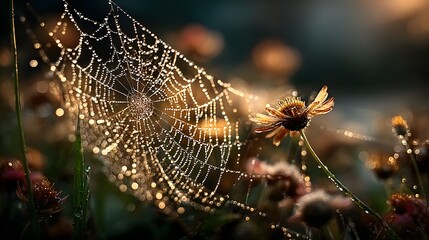 Spider Web Morning Dew Droplets