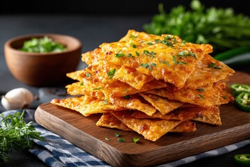 Crispy Nachos with Melted Cheese and Fresh Herbs on Wooden Board