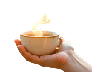 Hand Holds Coffee Cup with Steam Rising Isolated on Transparent Background PNG