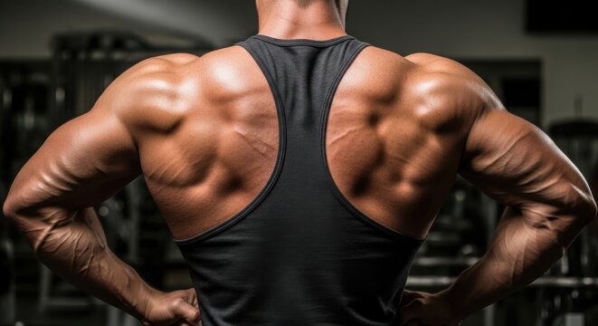 Strong back muscular man flexing muscles in gym with healthy lifestyle
