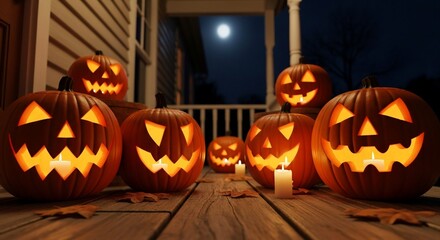 Illuminated Jack-o'-lanterns on Porch at Night