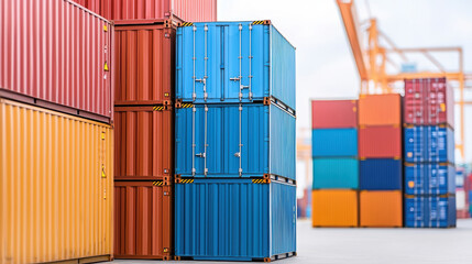 Fototapeta premium Colorful shipping container stack at port. Logistics, cargo, and freight industry background for global transport and trade