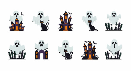 Naklejka premium Hand drawn cartoon flying ghost with haunted house and black cat elements for Halloween celebration, vector art set
