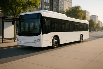 Fototapeta premium Modern white city bus parked at an empty urban bus stop during a sunny morning in a contemporary metropolis