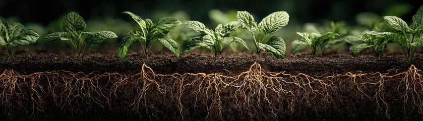 Fototapeta premium Agricultural growth showing benefits of healthy soil concept. Close-up of plant roots and green foliage in rich soil environment.