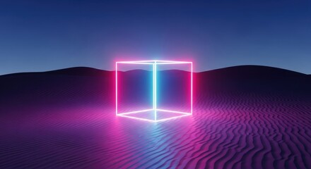 Neon Cube in Desert Landscape at Night - Futuristic Abstract