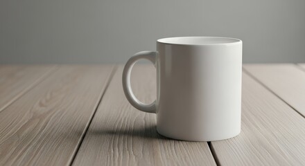 Blank white ceramic mug ready for custom branding on a light wooden surface
