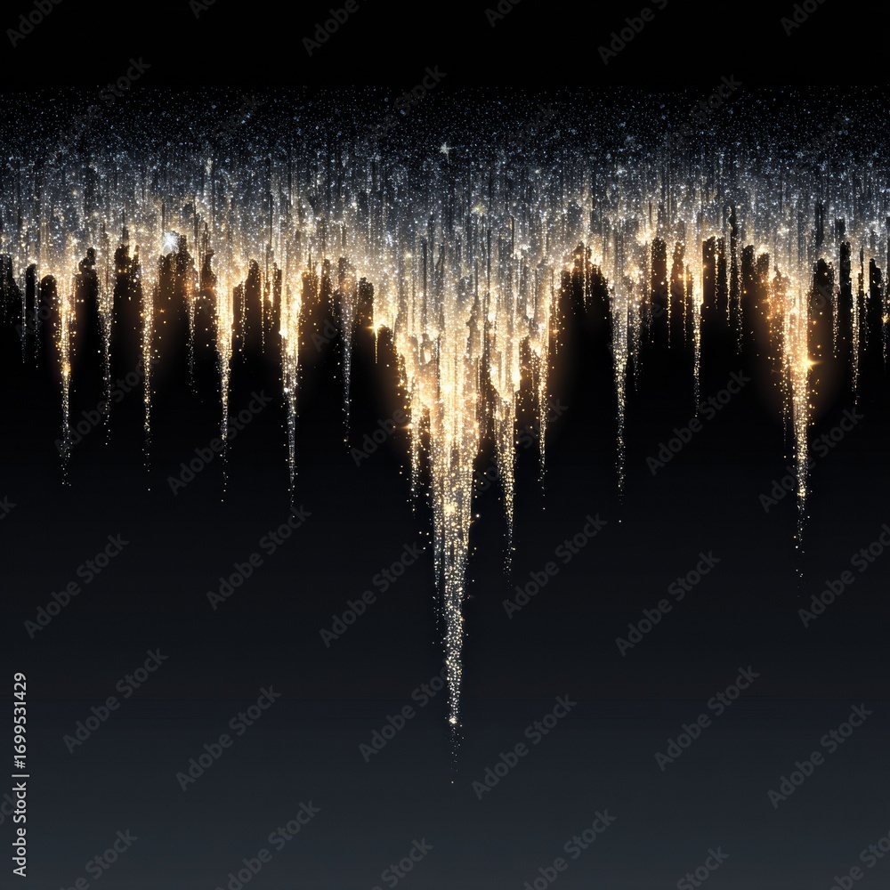 Poster shimmering golden light cascades down from a dark night sky, creating a mesmerizing display of stars