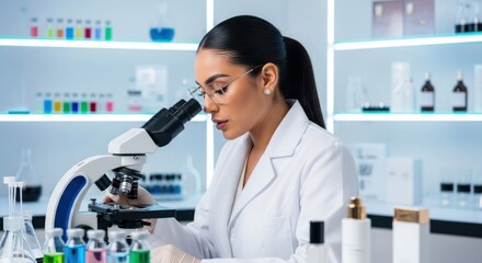 A woman in a lab coat using a microscope in a laboratory.