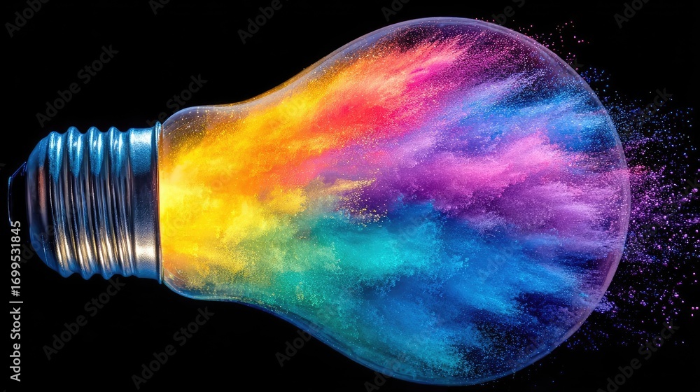 Poster creative light bulb explodes with colorful paint concept. a vibrant light bulb exploding with colorf