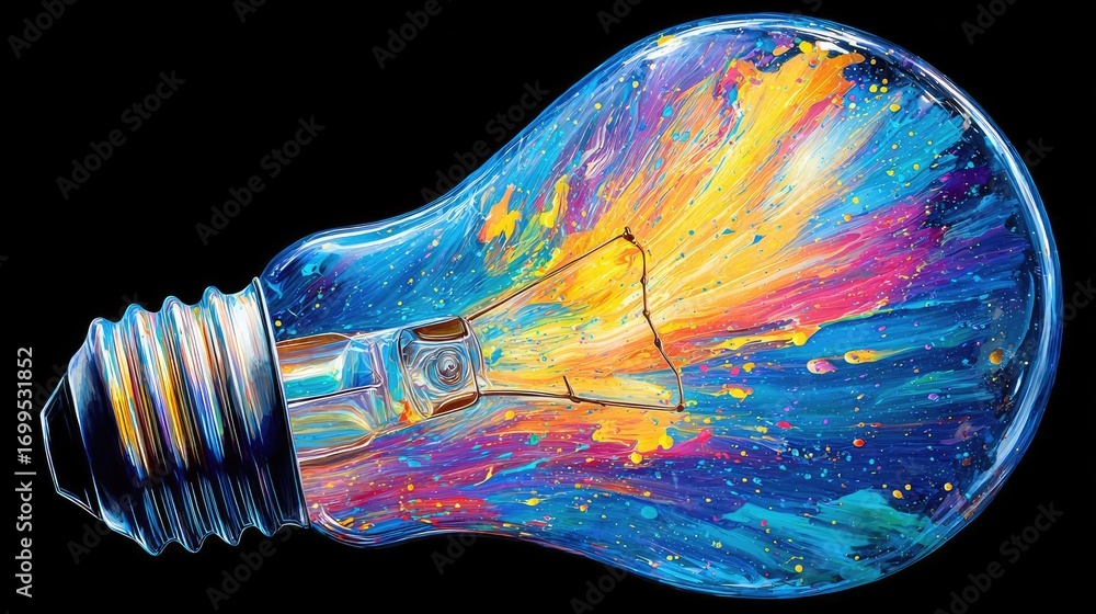 Poster creative light bulb explodes with colorful paint concept. vibrant light bulb design with an artistic