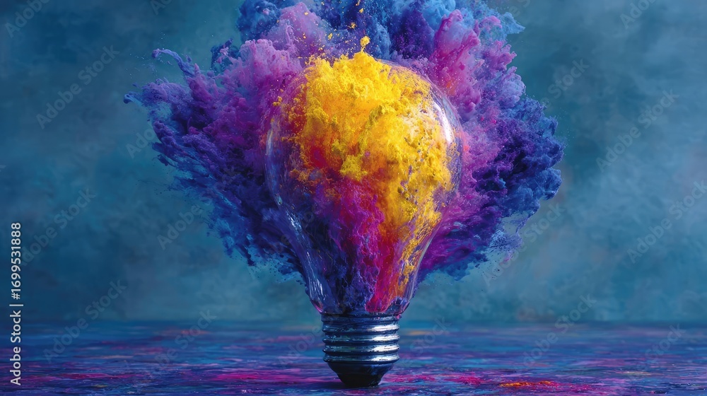 Poster creative light bulb explodes with colorful paint concept. a vibrant explosion of color emanates from