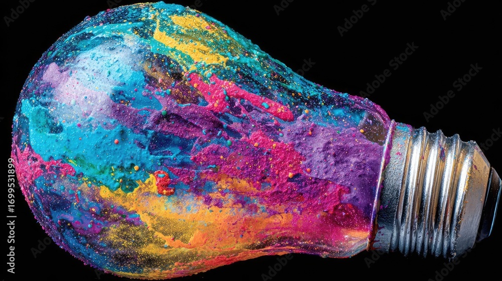 Poster creative light bulb explodes with colorful paint concept. colorful light bulb with artistic design a