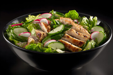 Vibrant Healthy Chicken Salad with Cucumber, Radish, Onion, and Lettuce in a Black Bowl