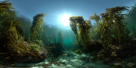 Underwater kelp forest exploration ocean depths hdr panoramic image serene environment vibrant sunlight